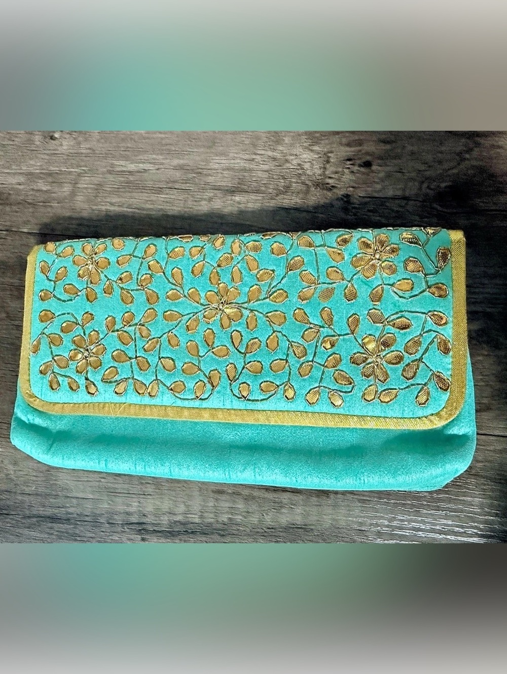 Vintage Silk Teal & Gold Clutch
